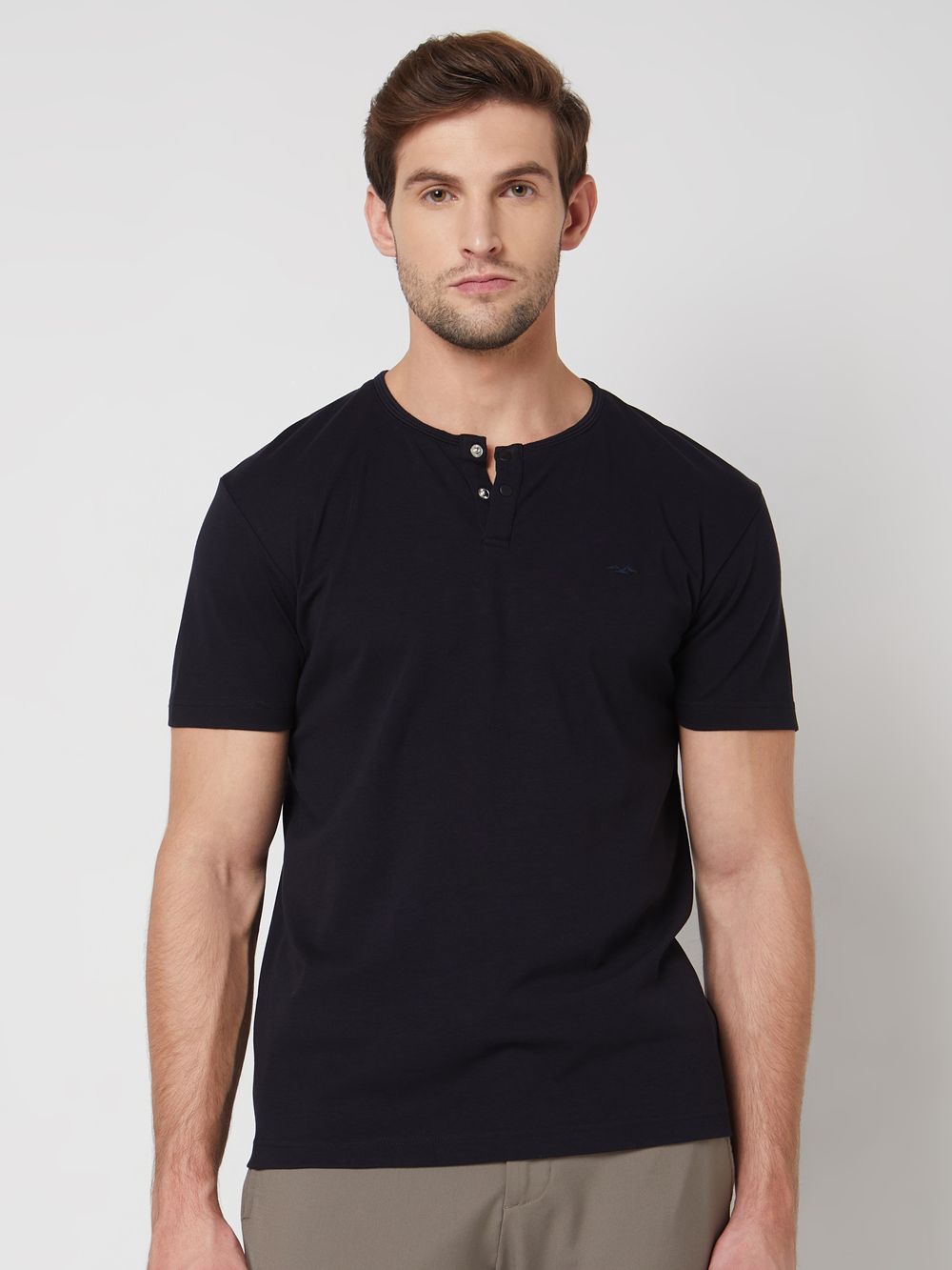 Navy Snap Button Plain Slim Fit Casual Henley