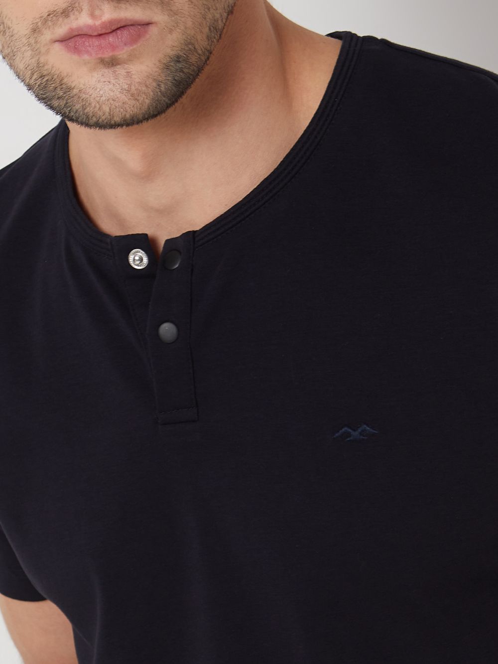 Navy Snap Button Plain Slim Fit Casual Henley