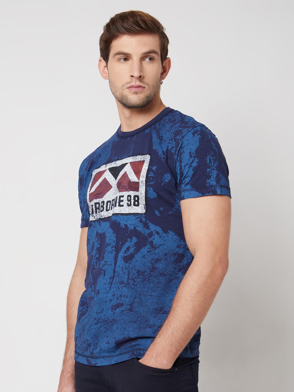 Navy Logo Print Slim Fit Casual T-Shirt