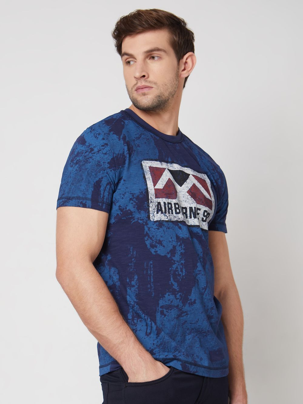 Navy Logo Print Slim Fit Casual T-Shirt