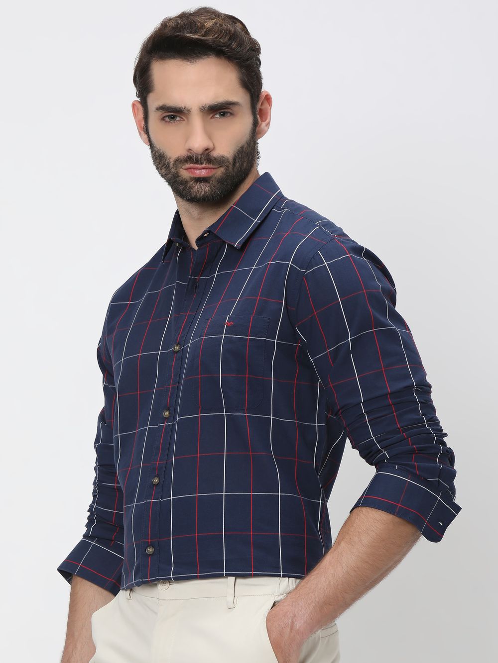 Navy & Red Windowpane Check Slim Fit Casual Shirt