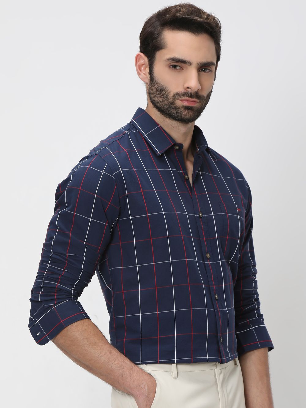 Navy & Red Windowpane Check Slim Fit Casual Shirt