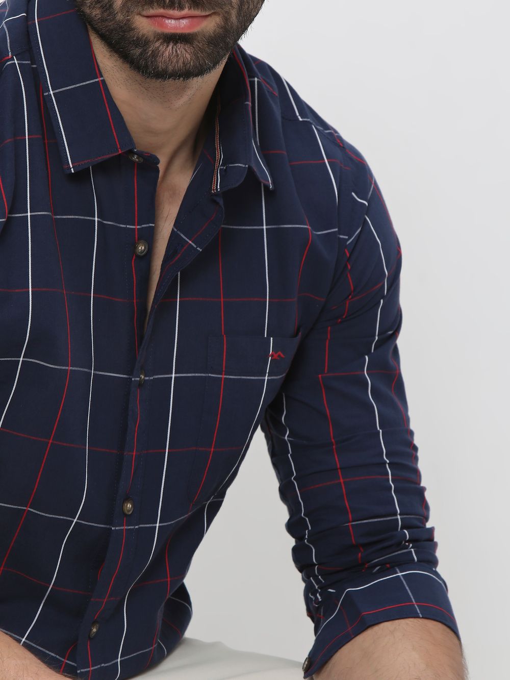 Navy & Red Windowpane Check Slim Fit Casual Shirt