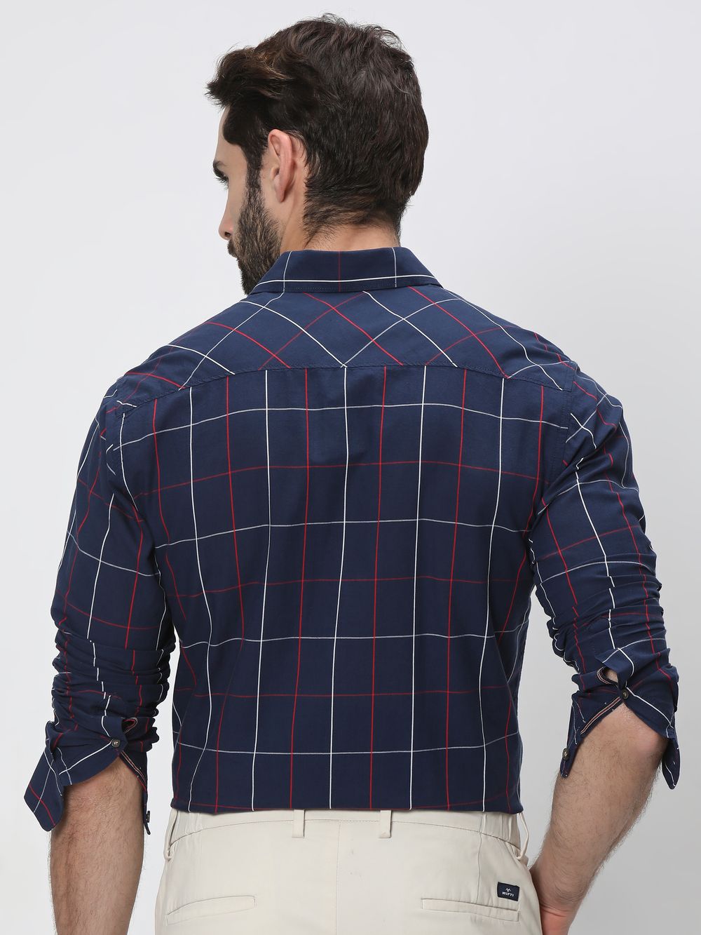 Navy & Red Windowpane Check Slim Fit Casual Shirt