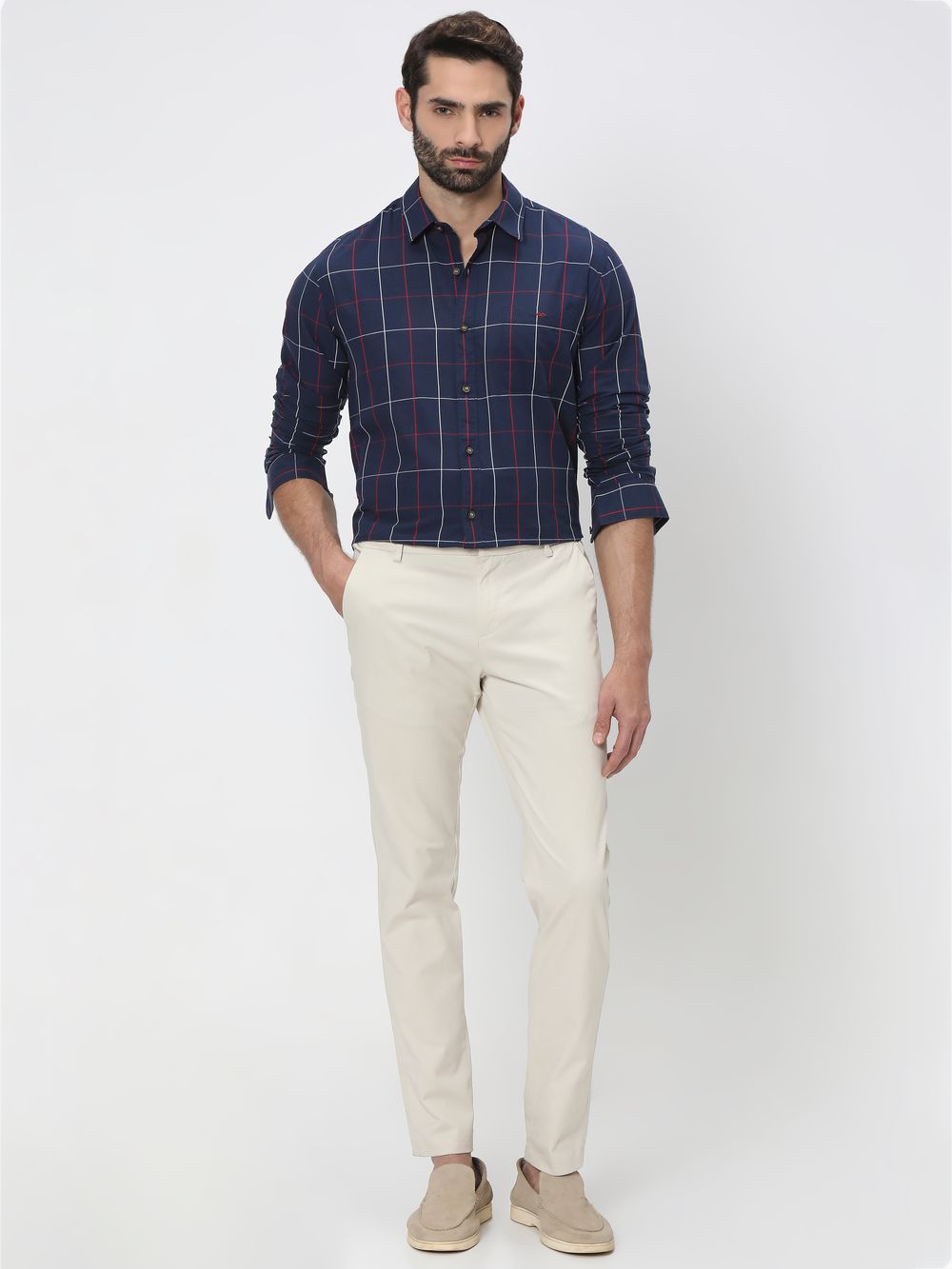 Navy & Red Windowpane Check Slim Fit Casual Shirt