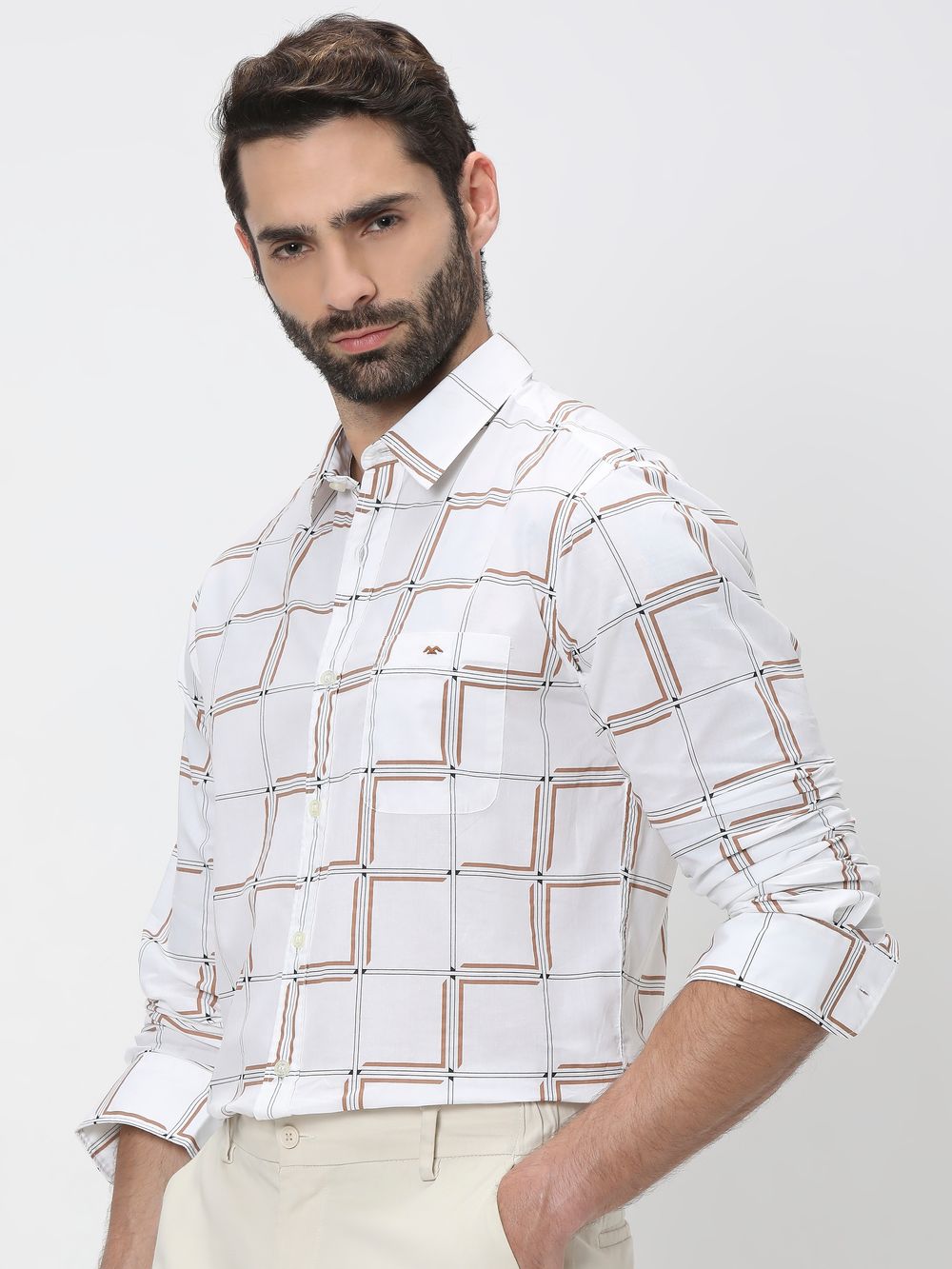 White & Khaki Printed Check Slim Fit Casual Shirt