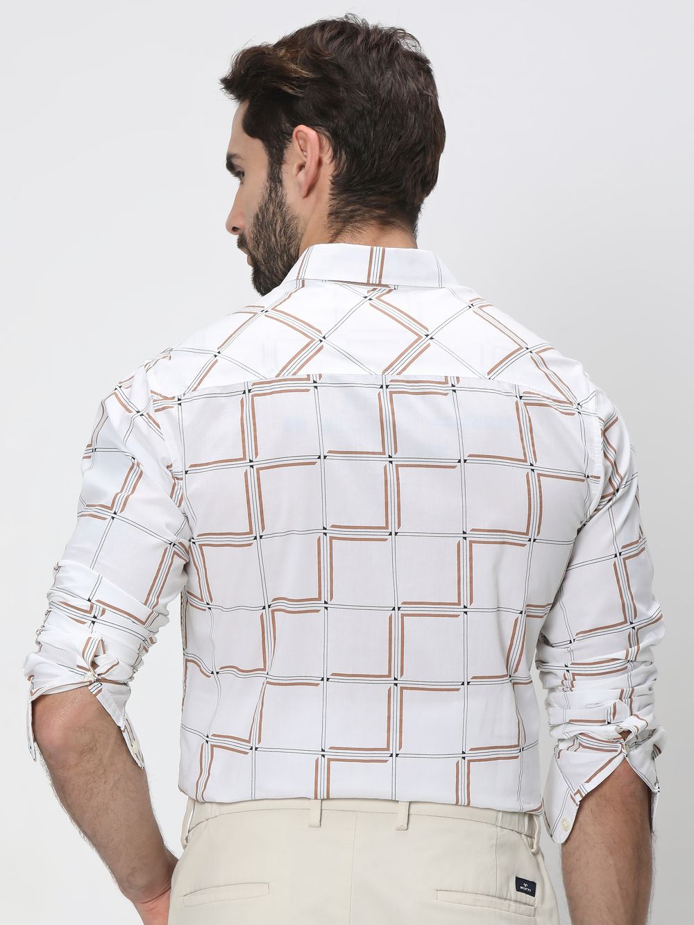 White & Khaki Printed Check Slim Fit Casual Shirt