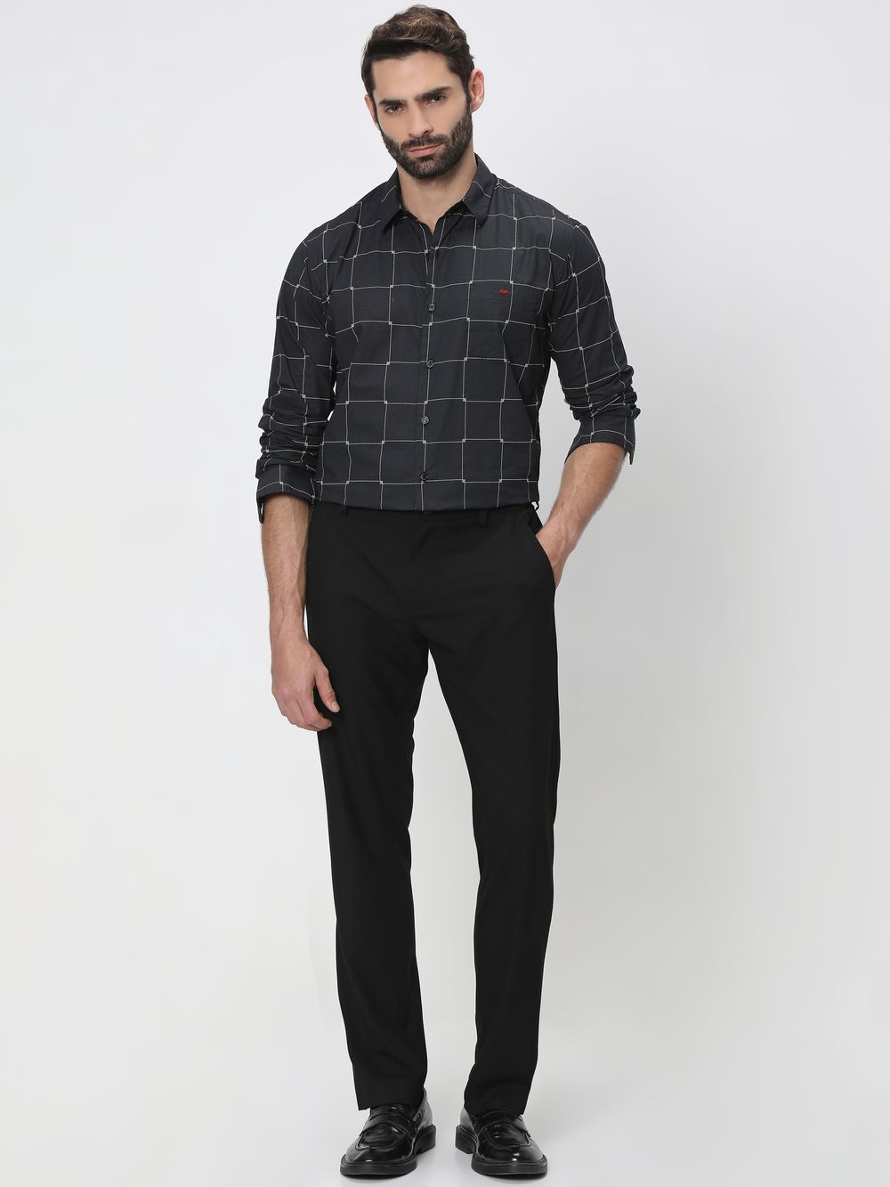 Black & Beige Large Check Slim Fit Casual Shirt