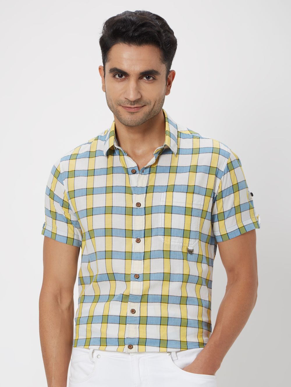 Yellow & Blue Large Check Slim Fit Casual Shirt