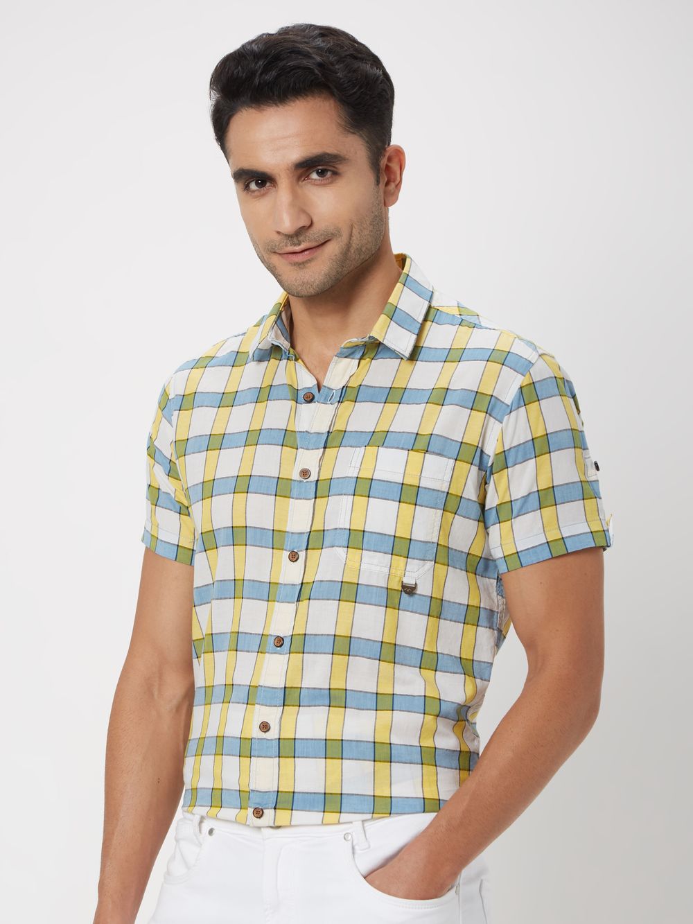 Yellow & Blue Large Check Slim Fit Casual Shirt