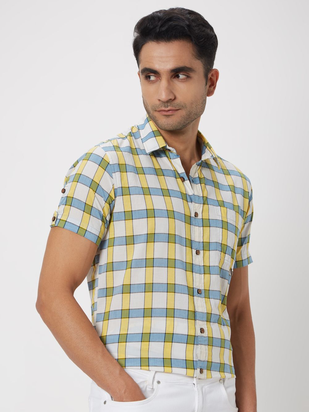 Yellow & Blue Large Check Slim Fit Casual Shirt