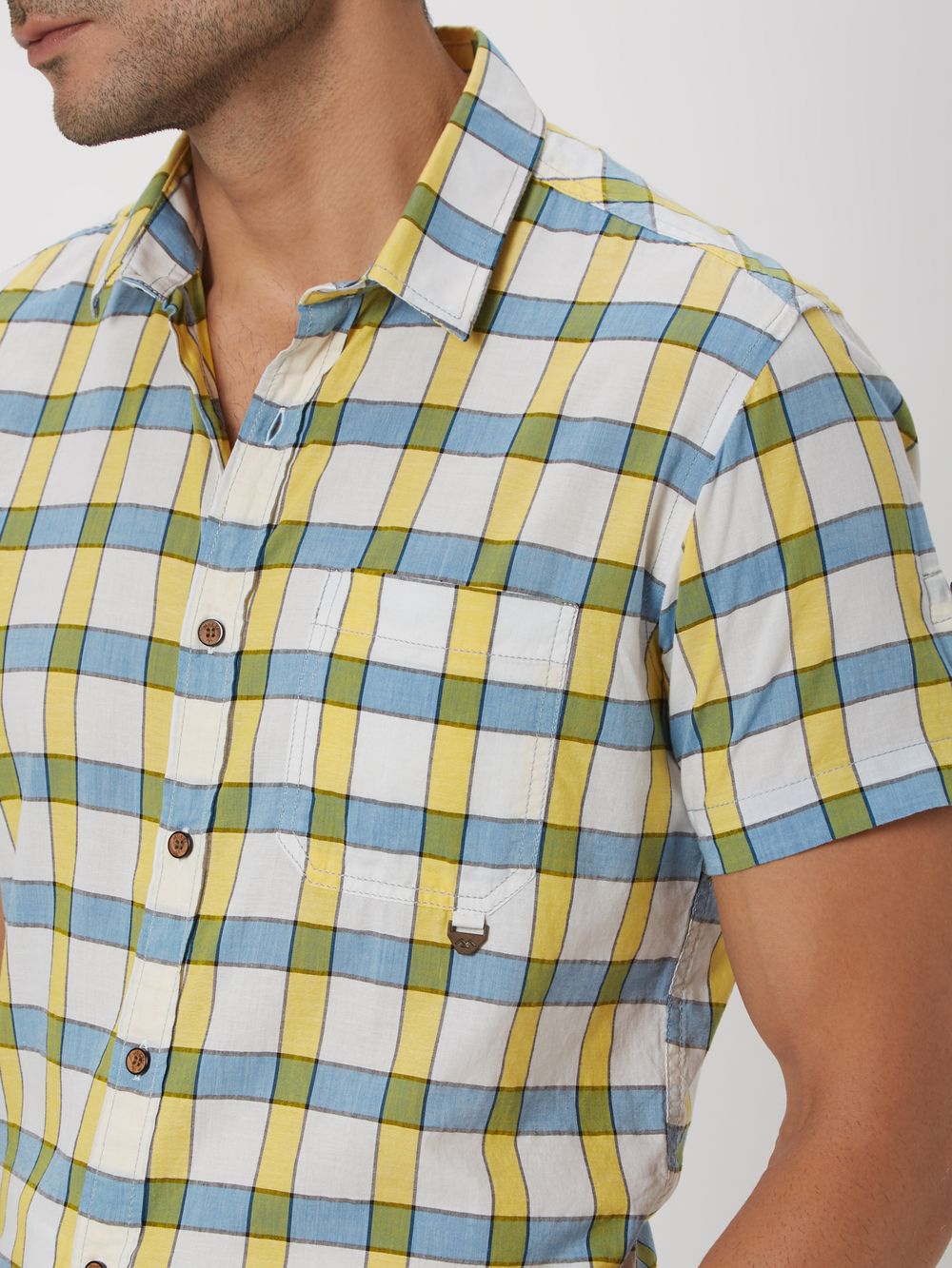 Yellow & Blue Large Check Slim Fit Casual Shirt