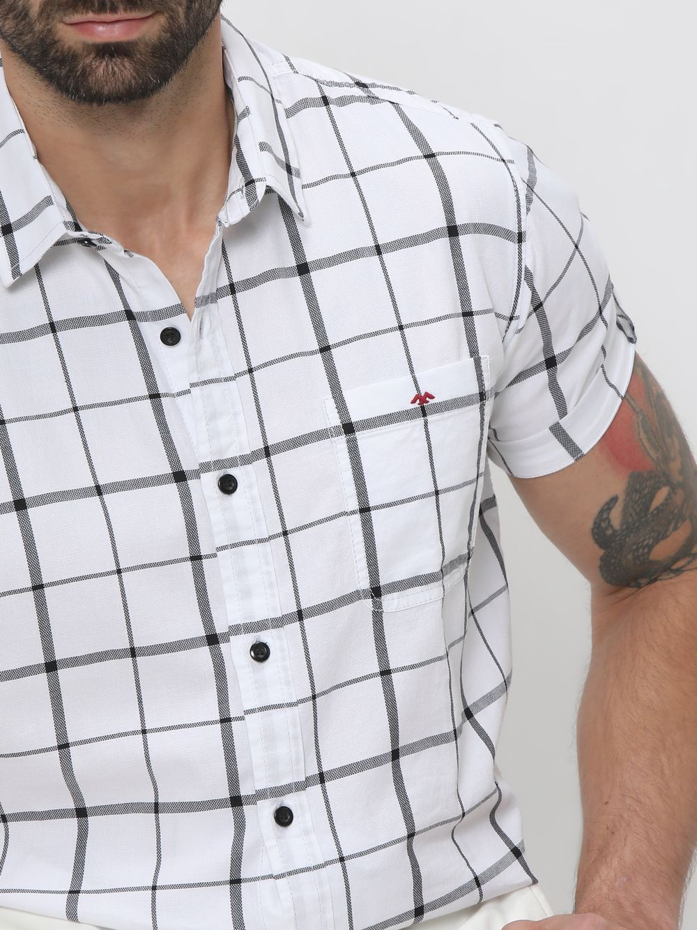 White & Black Windowpane Check Slim Fit Casual Shirt