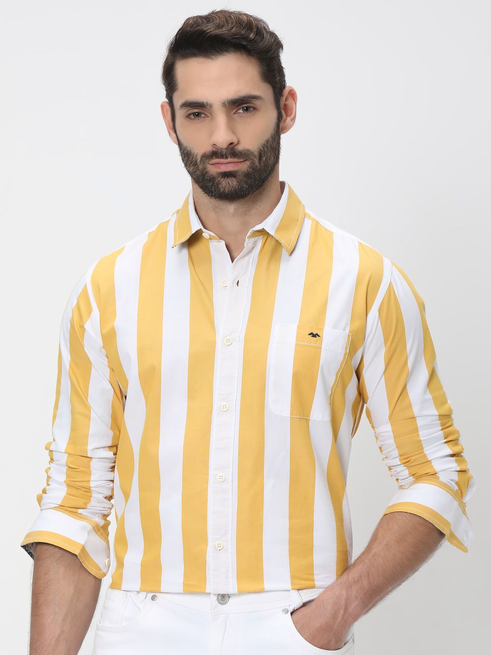 Yellow & White Awning Stripe Slim Fit Casual Shirt