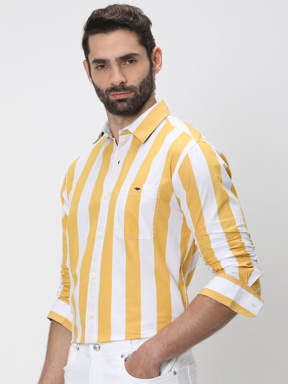 Yellow & White Awning Stripe Slim Fit Casual Shirt