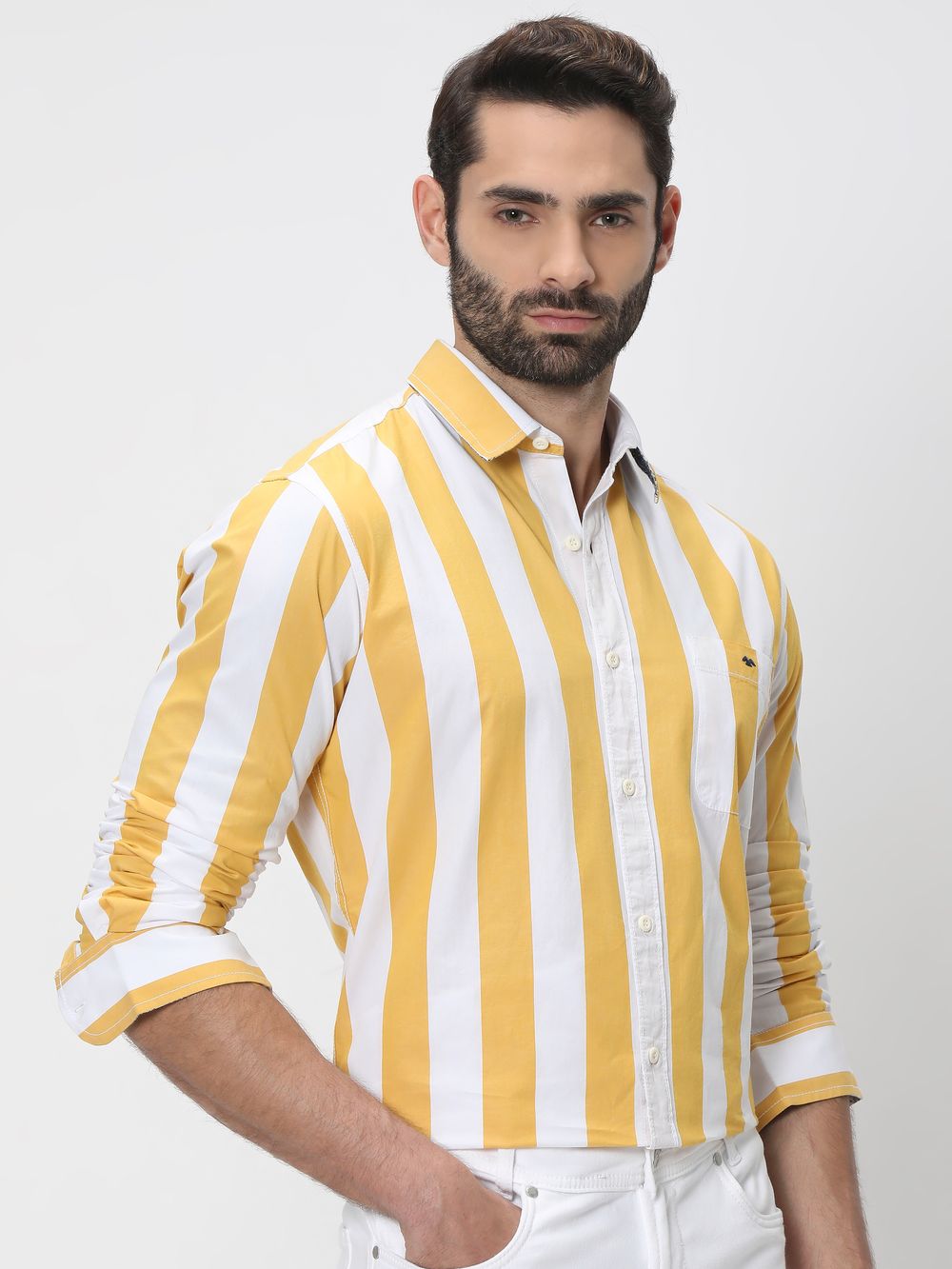 Yellow & White Awning Stripe Slim Fit Casual Shirt