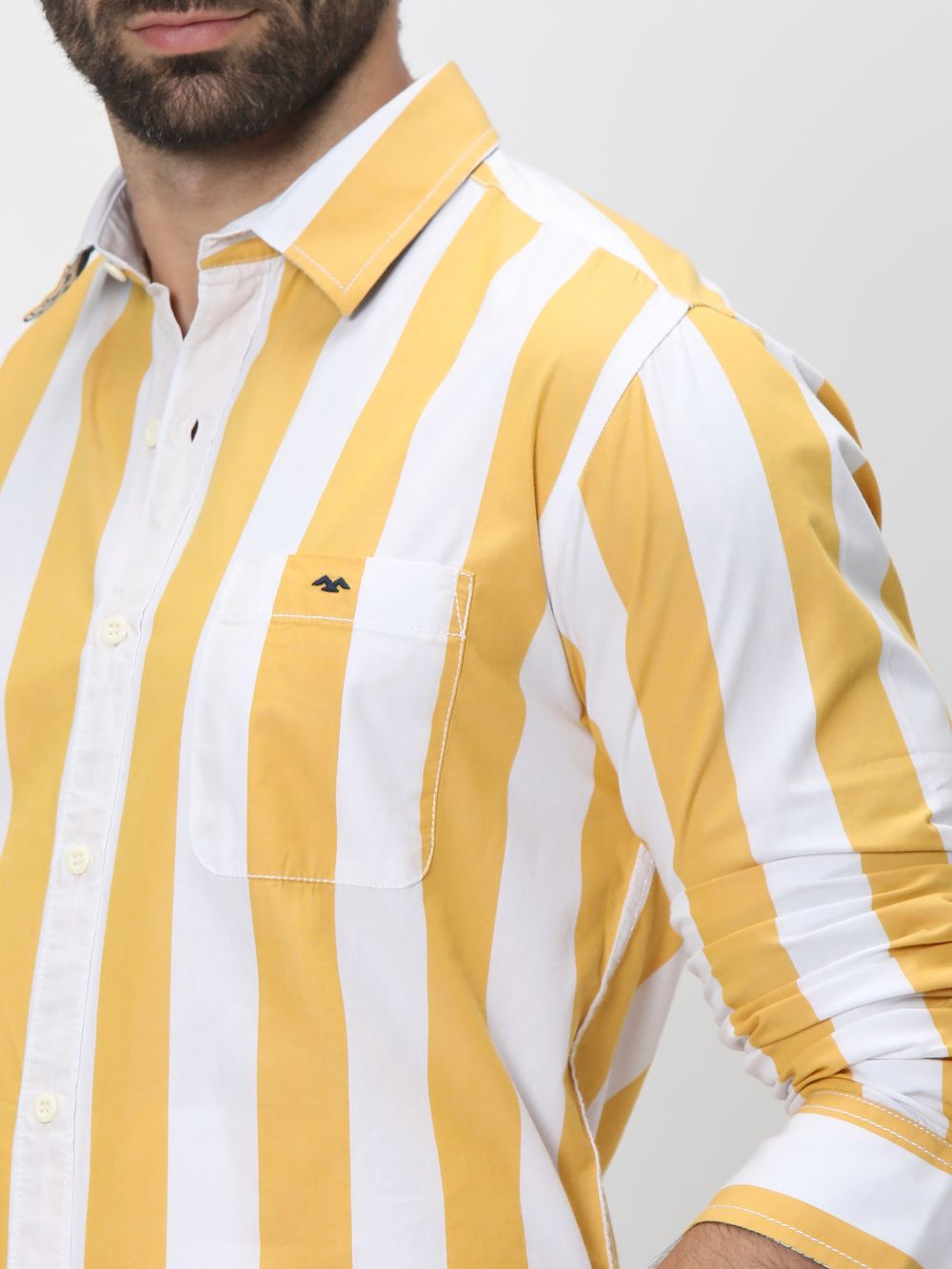 Yellow & White Awning Stripe Slim Fit Casual Shirt