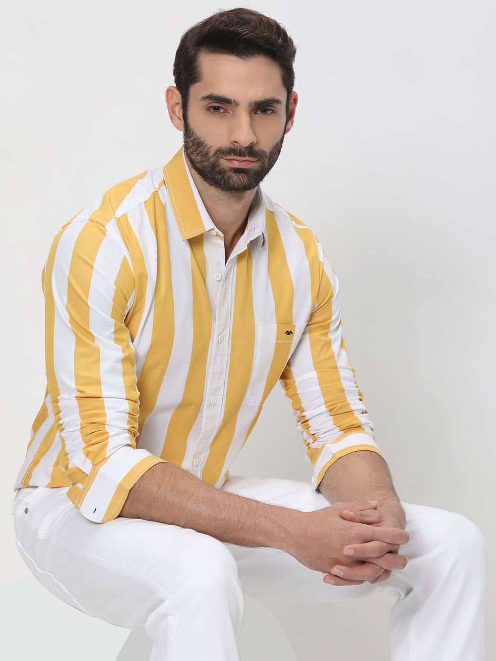 Yellow & White Awning Stripe Slim Fit Casual Shirt