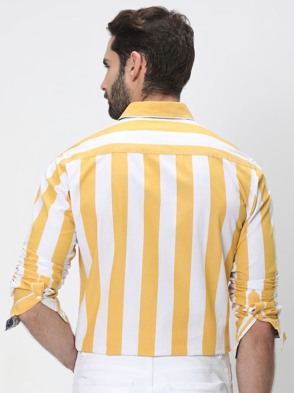 Yellow & White Awning Stripe Slim Fit Casual Shirt