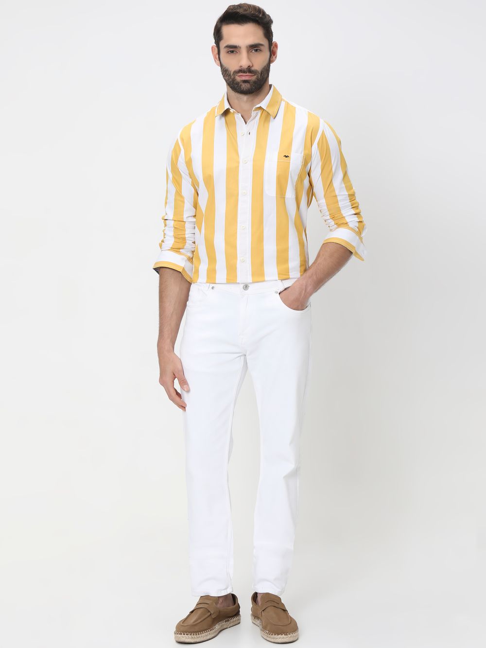 Yellow & White Awning Stripe Slim Fit Casual Shirt