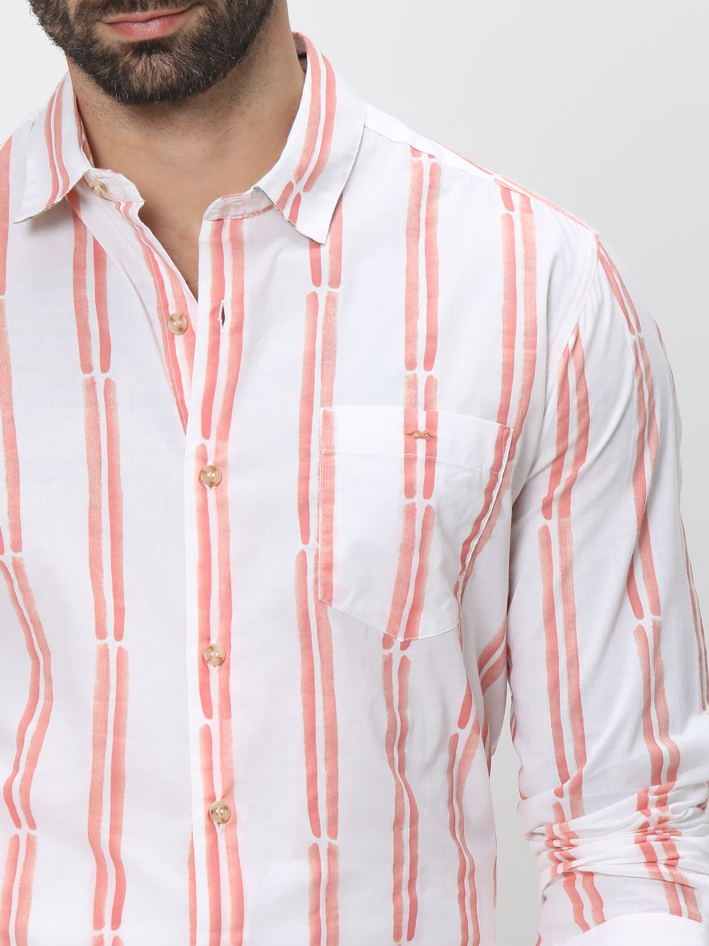 Peach & White Printed Stripe Slim Fit Casual Shirt