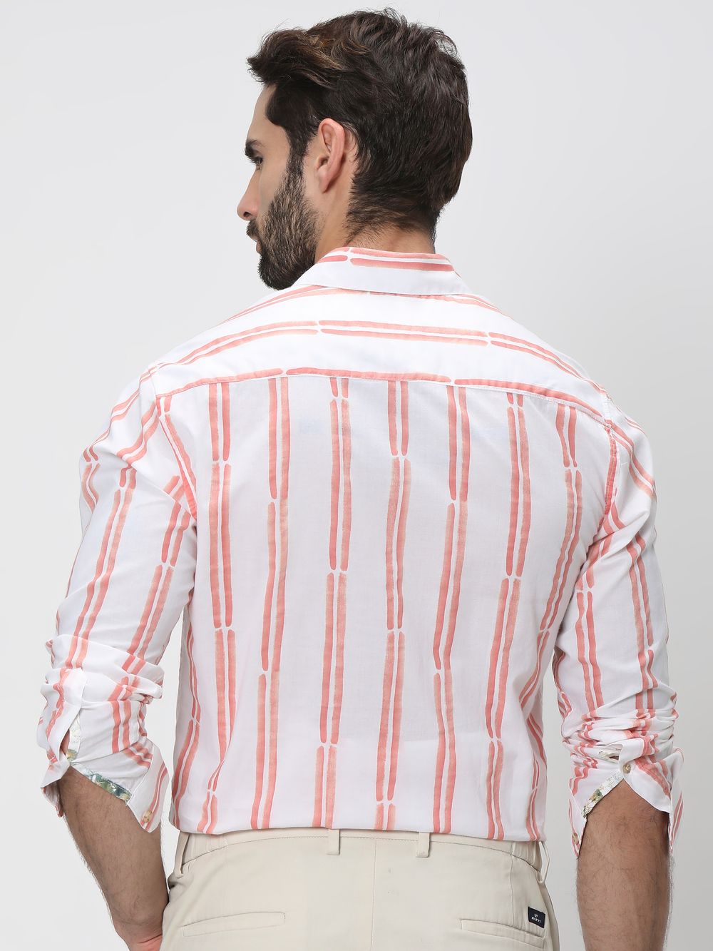 Peach & White Printed Stripe Slim Fit Casual Shirt