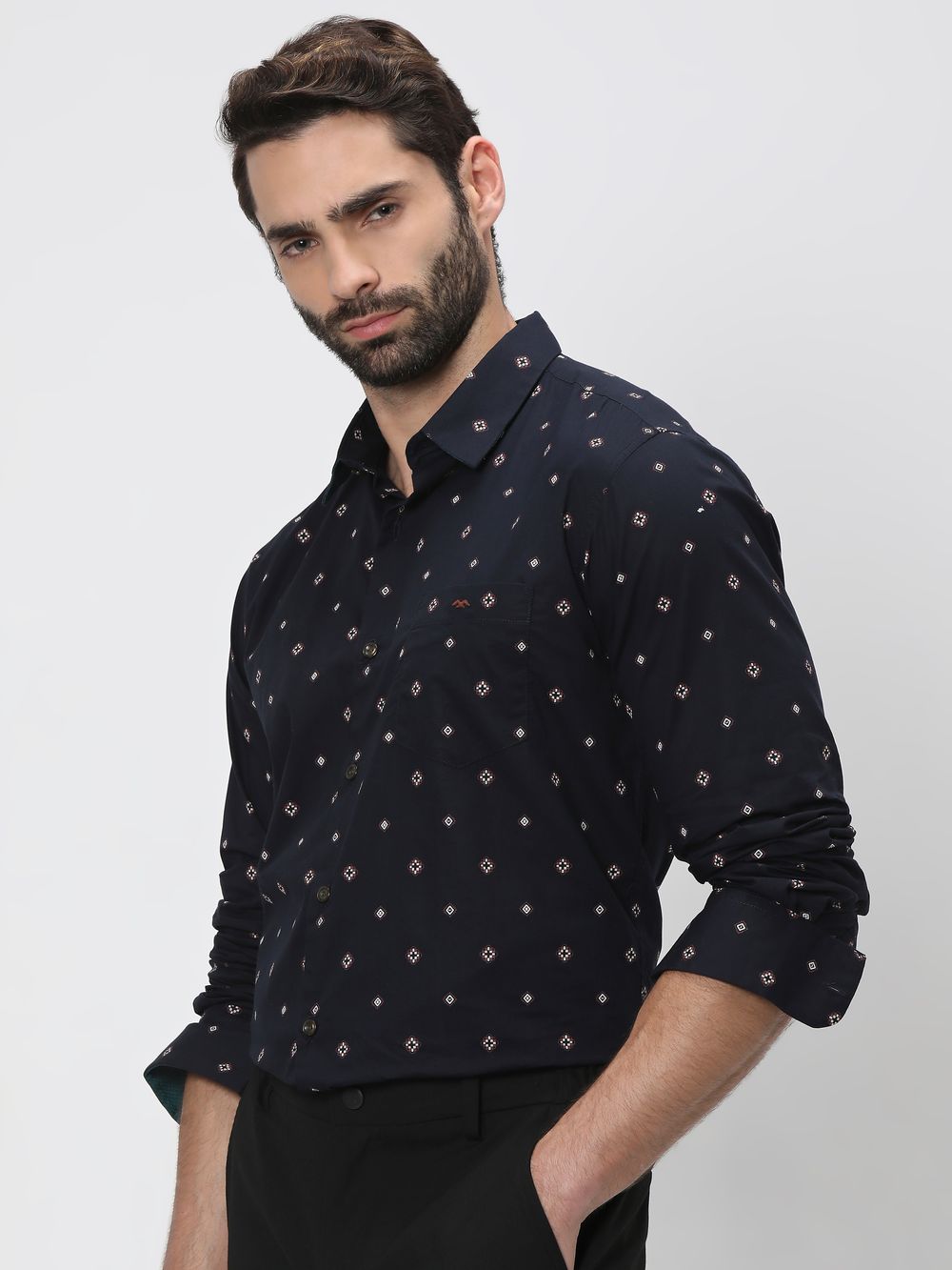 Navy & Off White Geometric Print Slim Fit Casual Shirt