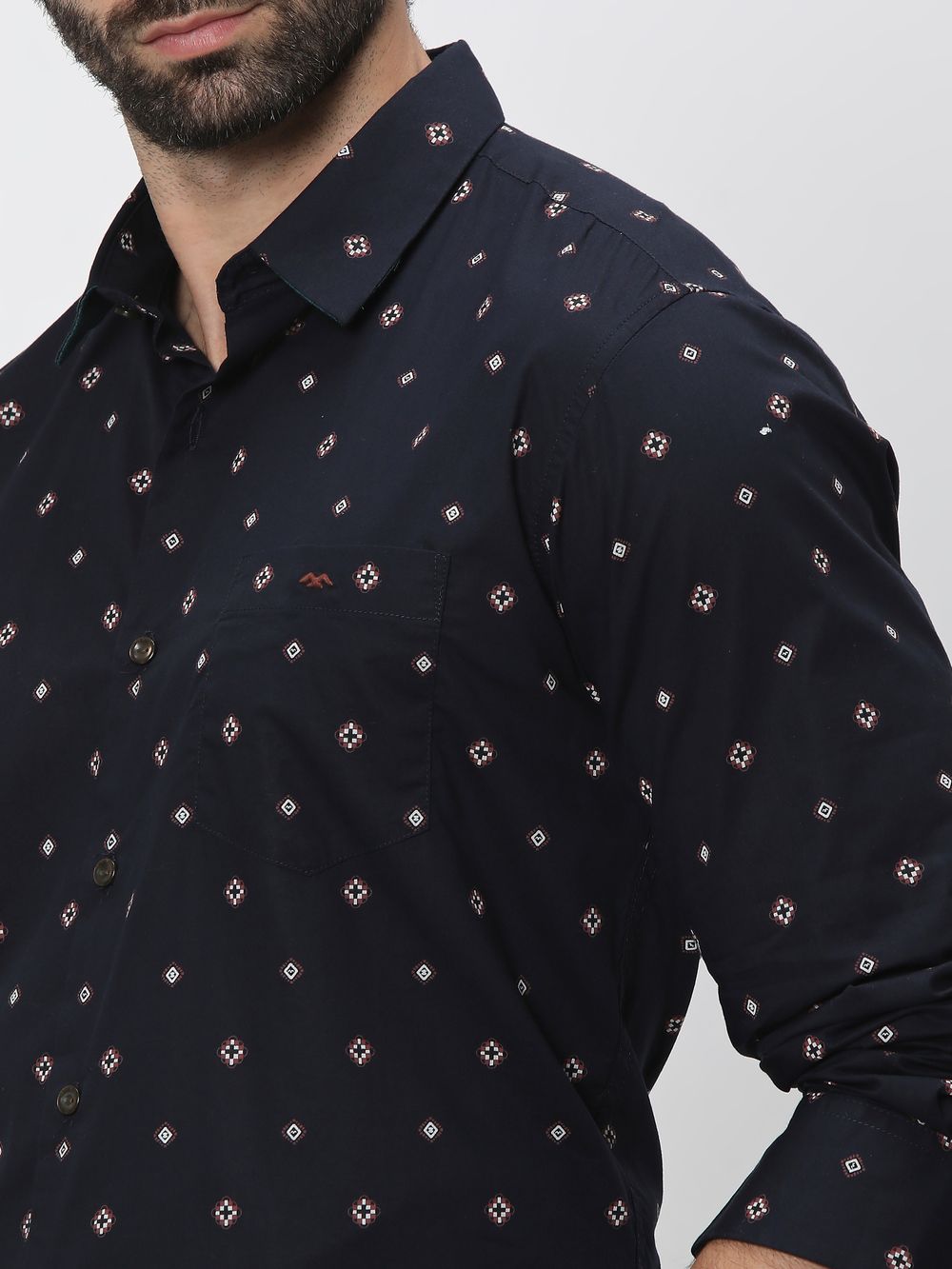 Navy & Off White Geometric Print Slim Fit Casual Shirt