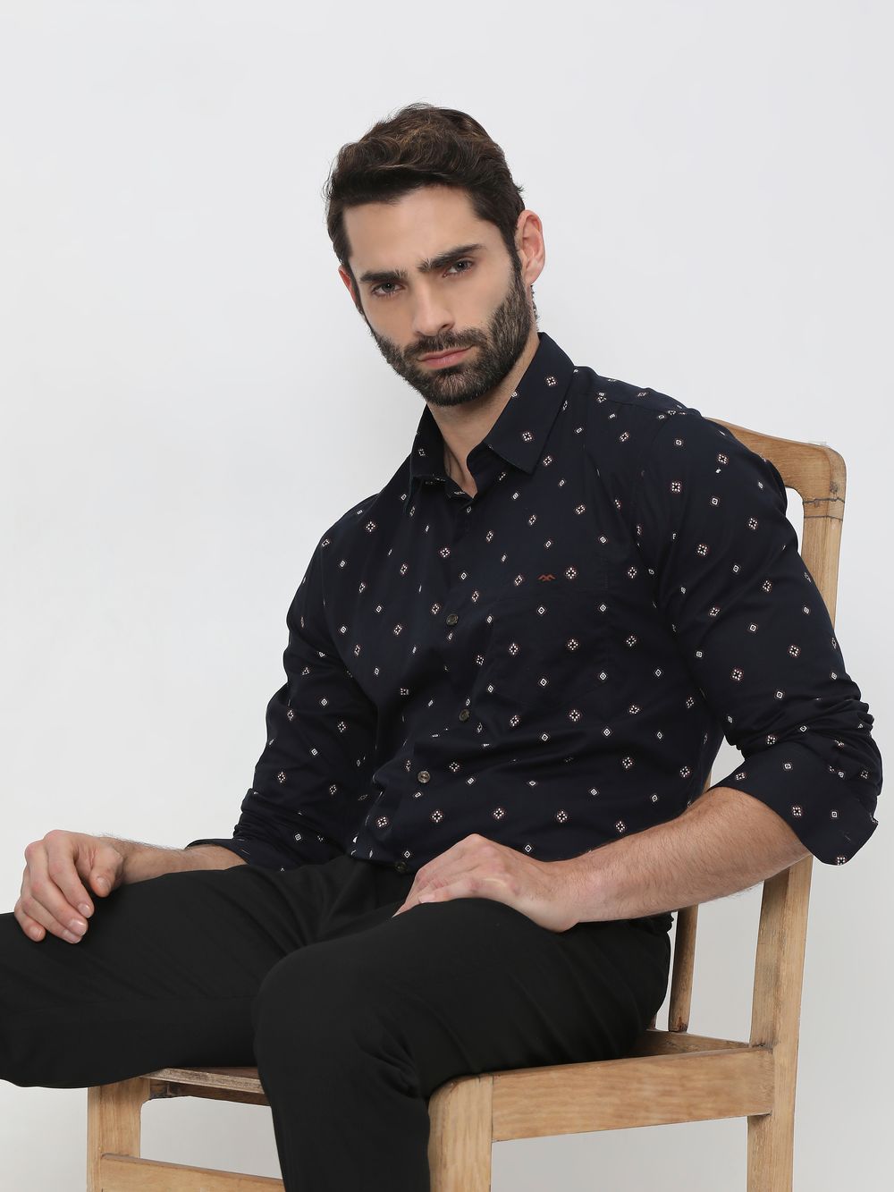 Navy & Off White Geometric Print Slim Fit Casual Shirt