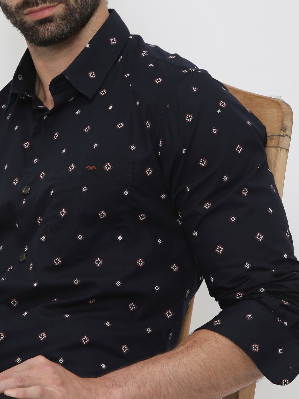 Navy & Off White Geometric Print Slim Fit Casual Shirt