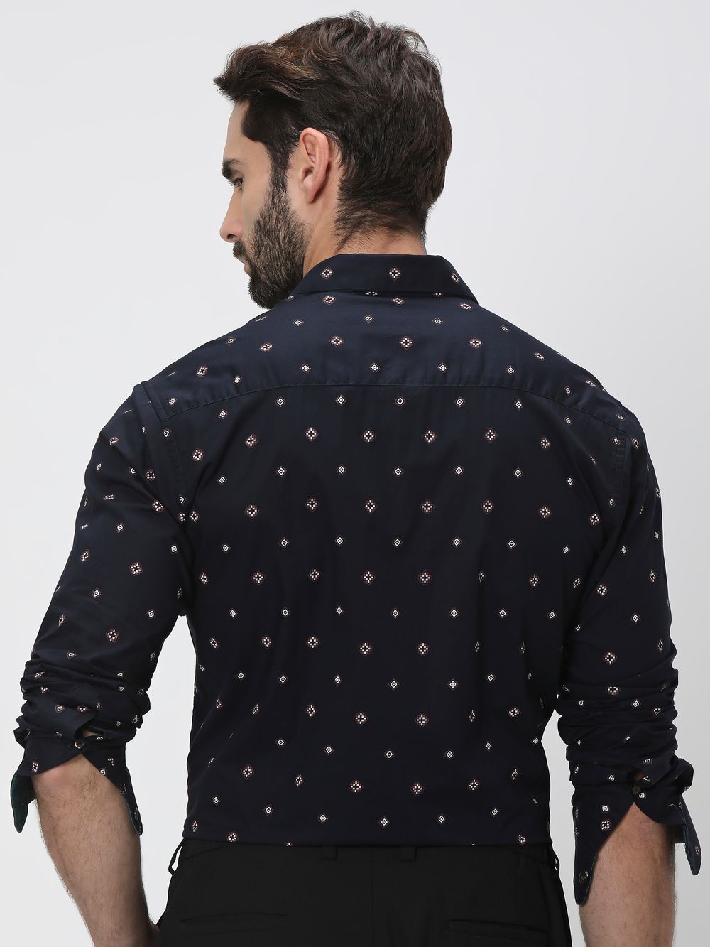 Navy & Off White Geometric Print Slim Fit Casual Shirt