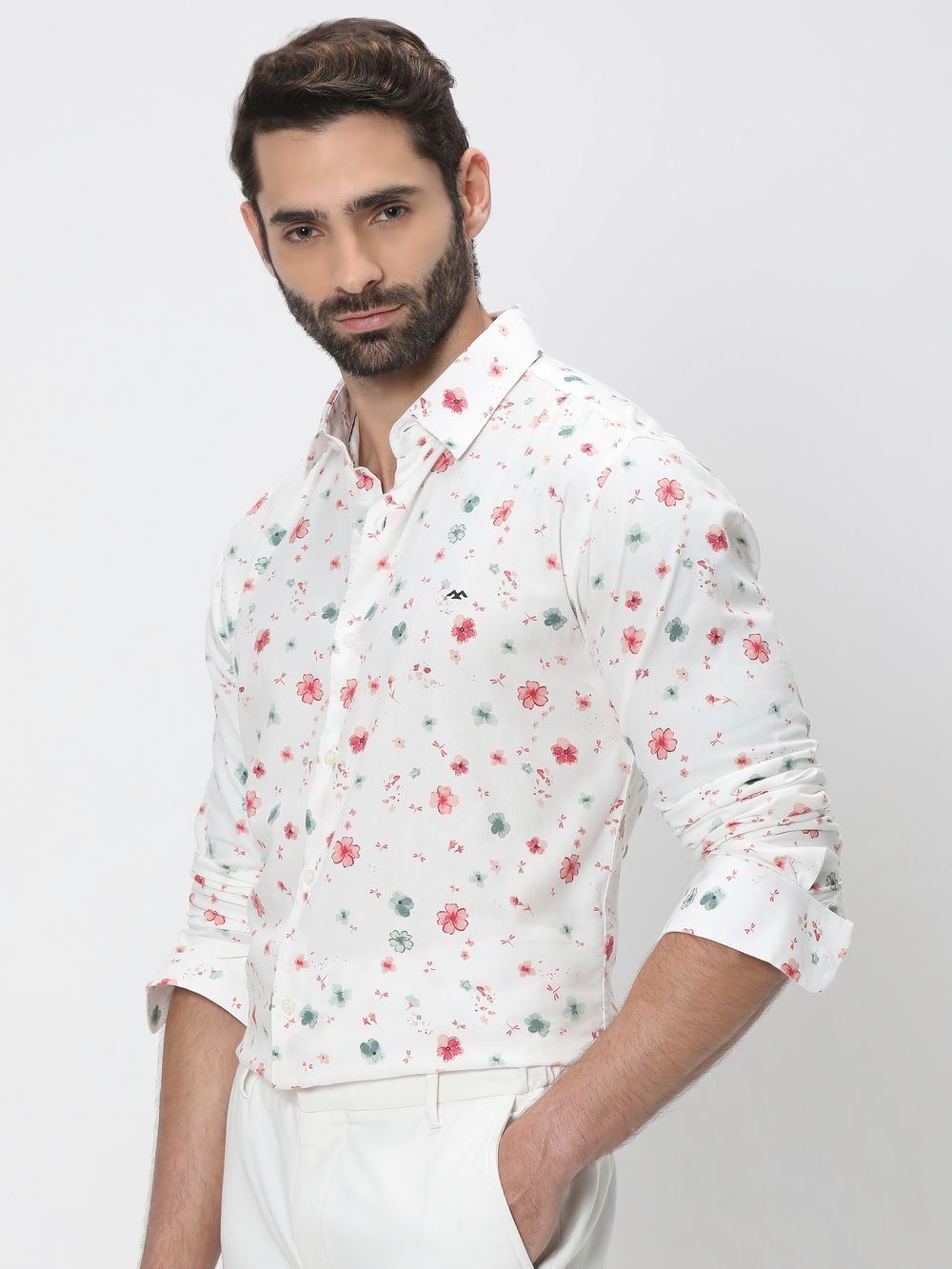 White & Multi Floral Print Slim Fit Casual Shirt