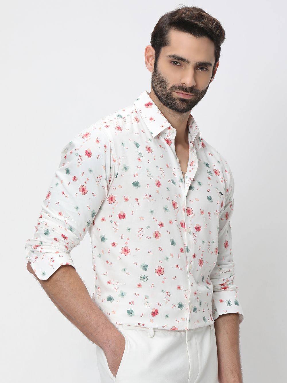 White & Multi Floral Print Slim Fit Casual Shirt