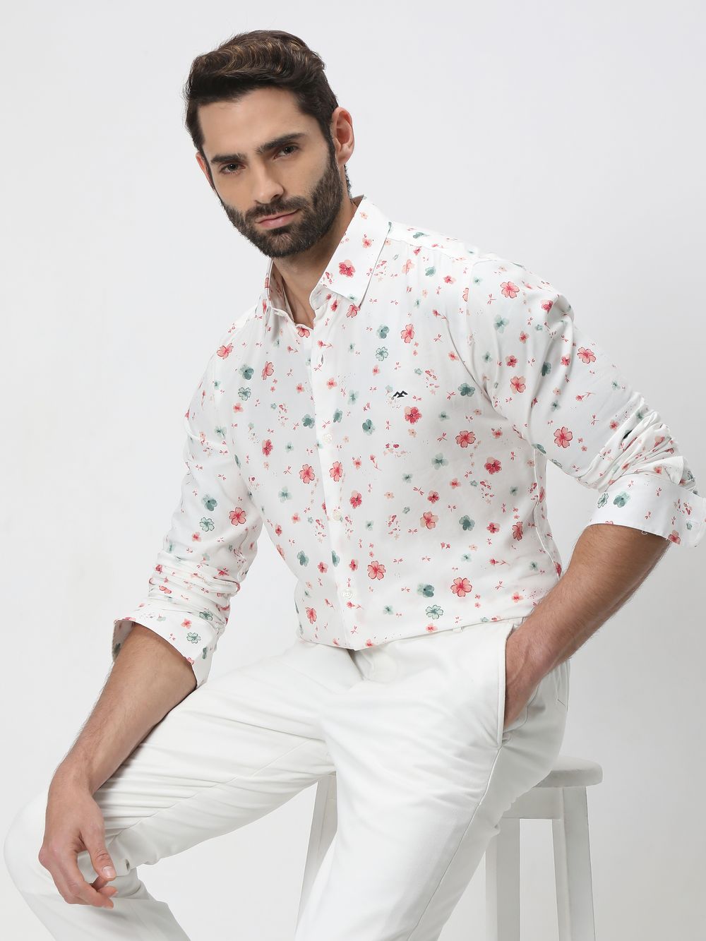 White & Multi Floral Print Slim Fit Casual Shirt