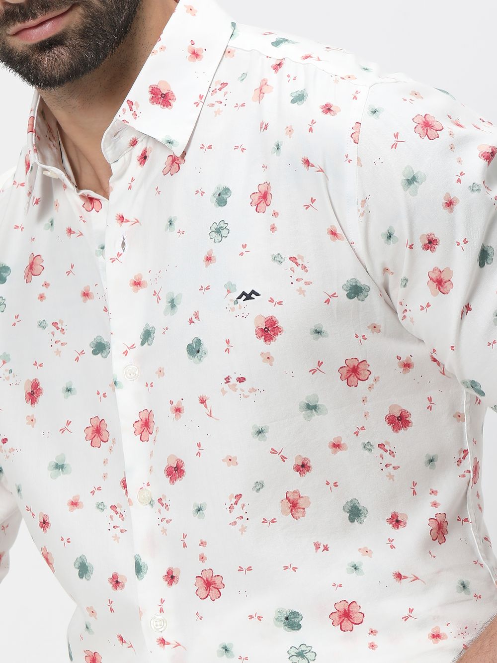 White & Multi Floral Print Slim Fit Casual Shirt