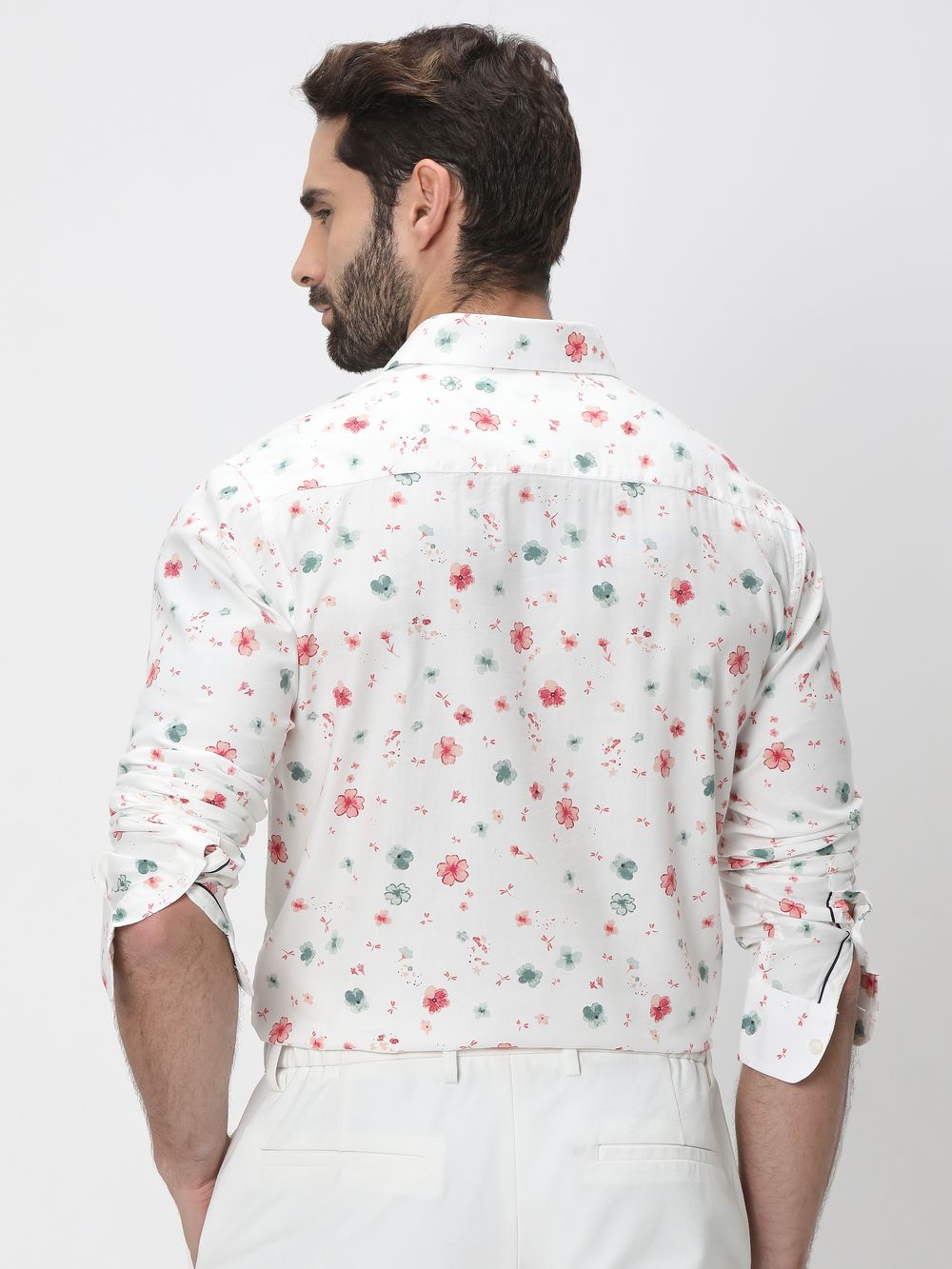 White & Multi Floral Print Slim Fit Casual Shirt