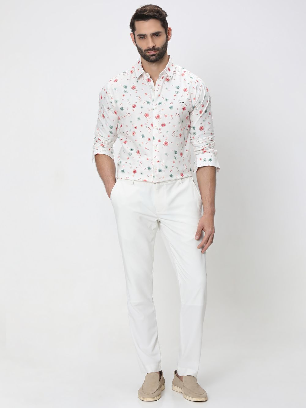 White & Multi Floral Print Slim Fit Casual Shirt