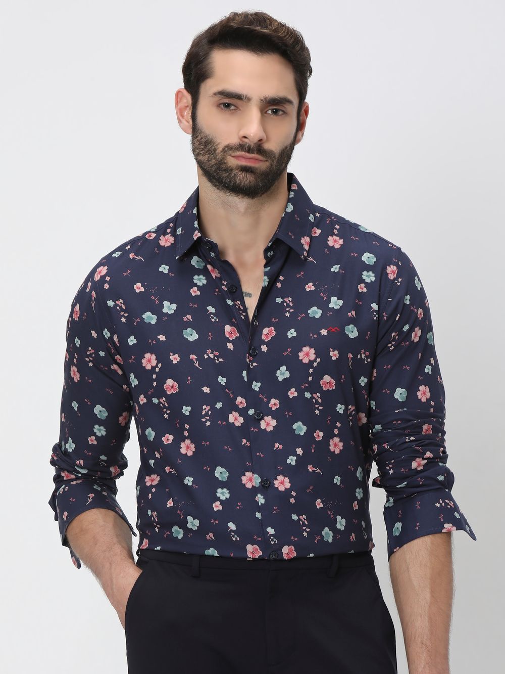 Navy & Multi Floral Print Slim Fit Casual Shirt