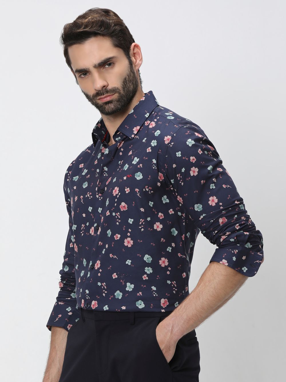 Navy & Multi Floral Print Slim Fit Casual Shirt