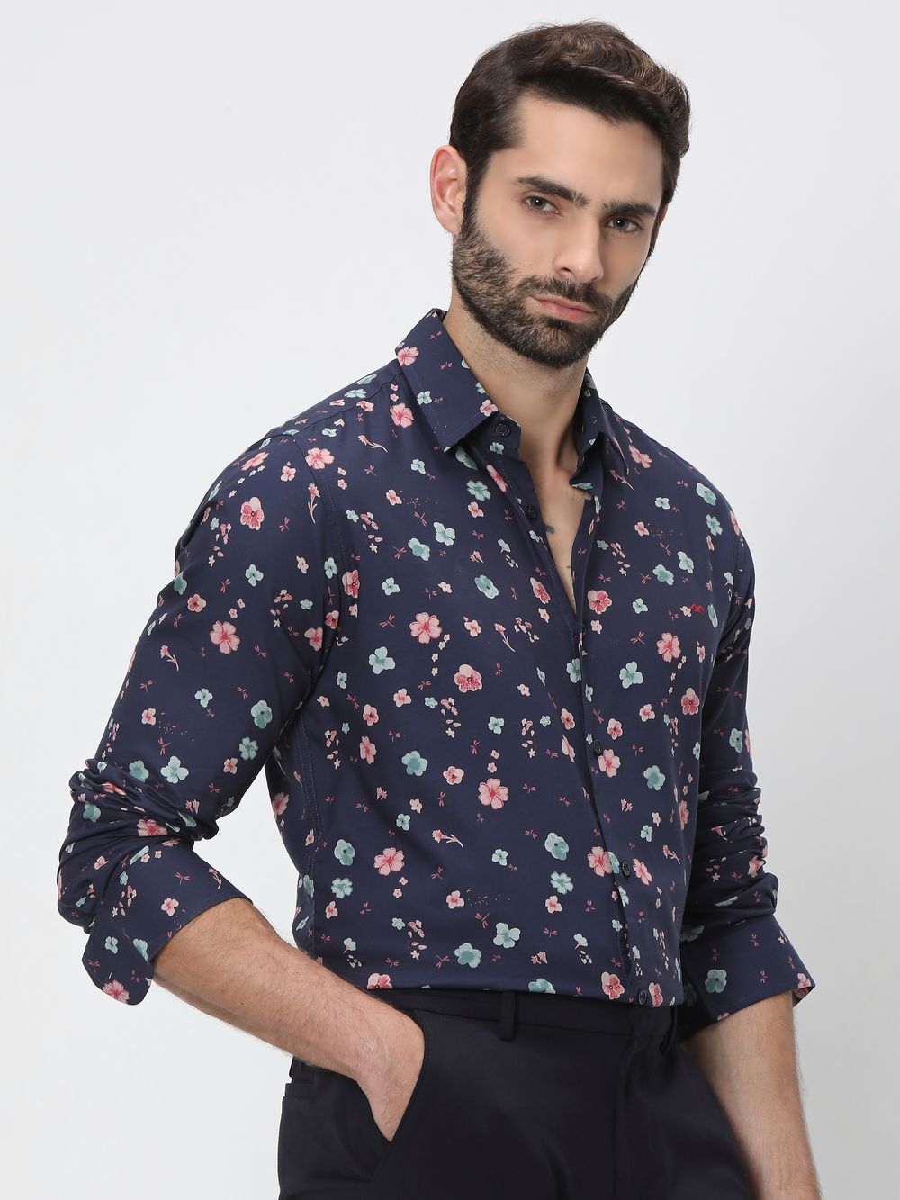 Navy & Multi Floral Print Slim Fit Casual Shirt