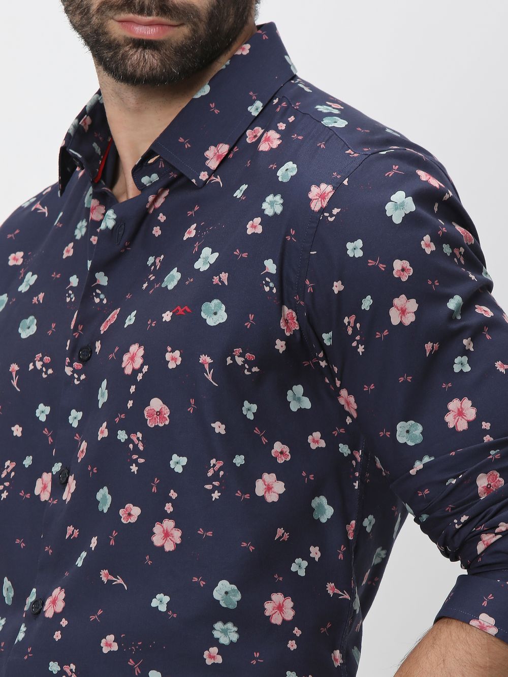 Navy & Multi Floral Print Slim Fit Casual Shirt