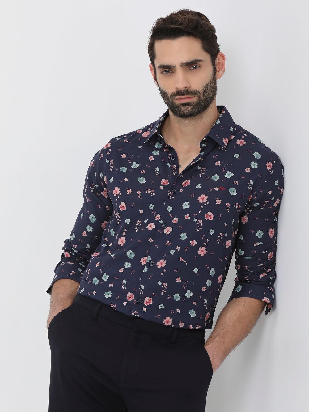 Navy & Multi Floral Print Slim Fit Casual Shirt