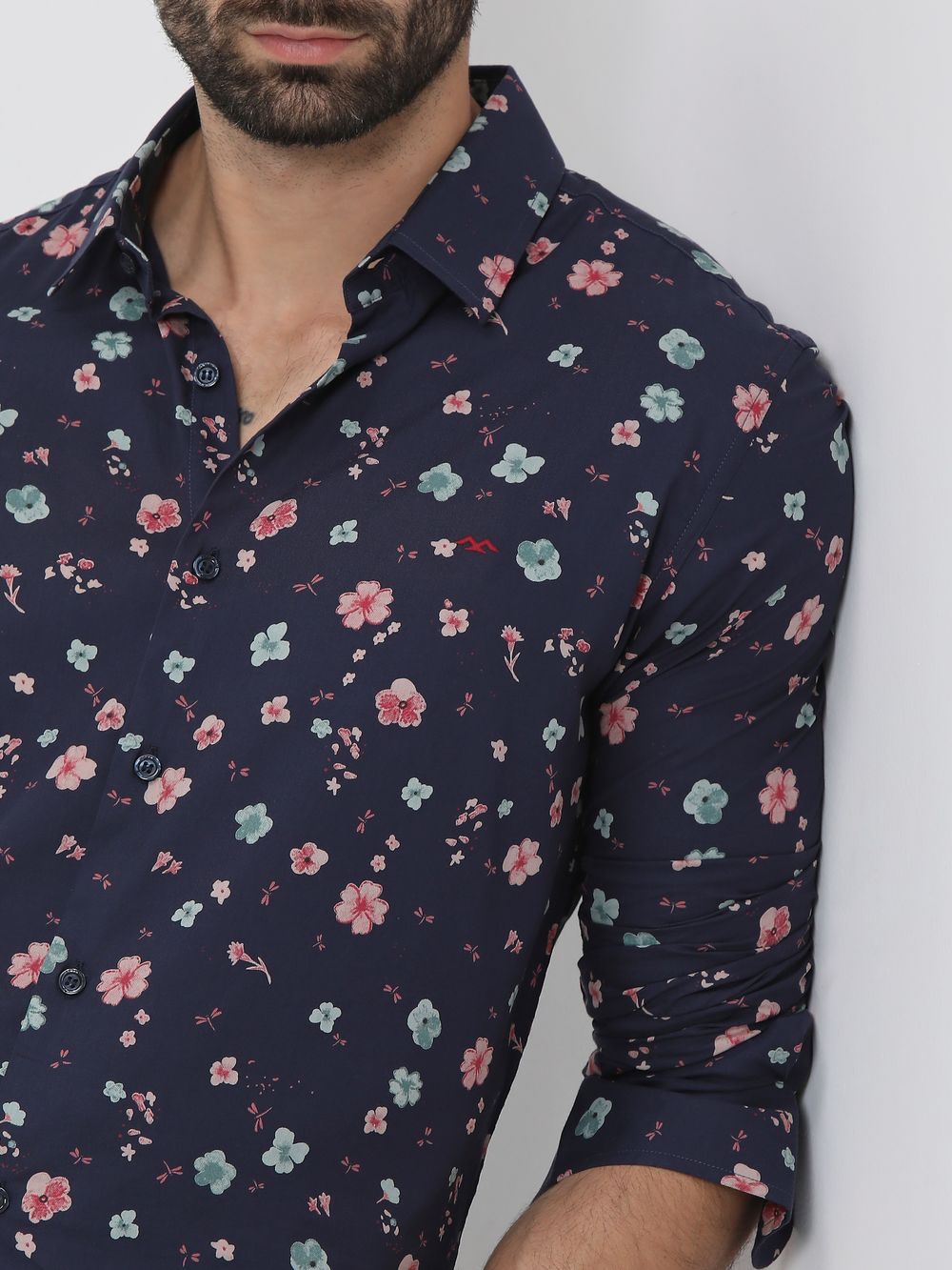 Navy & Multi Floral Print Slim Fit Casual Shirt