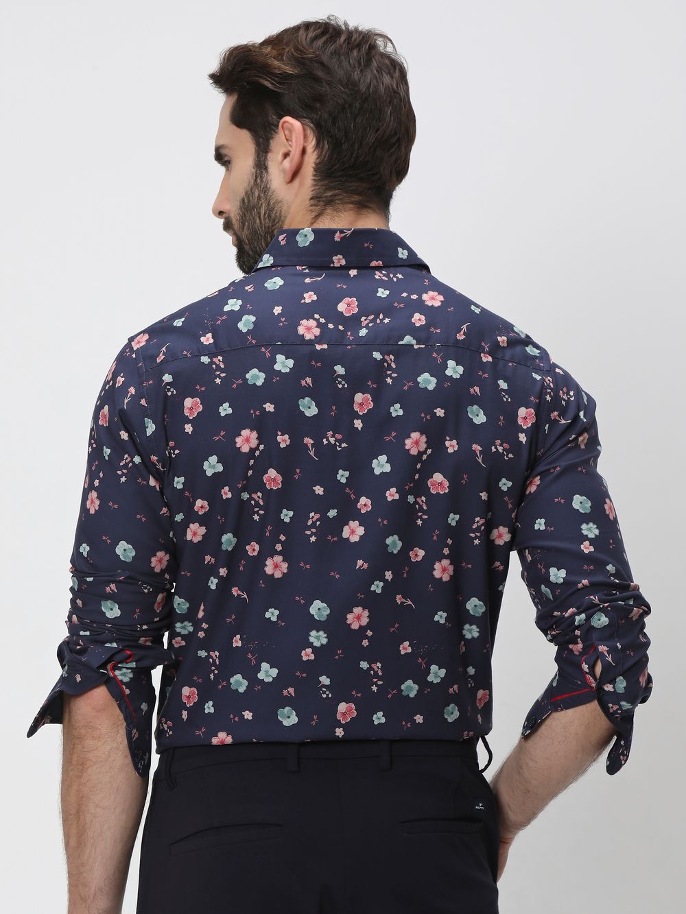 Navy & Multi Floral Print Slim Fit Casual Shirt
