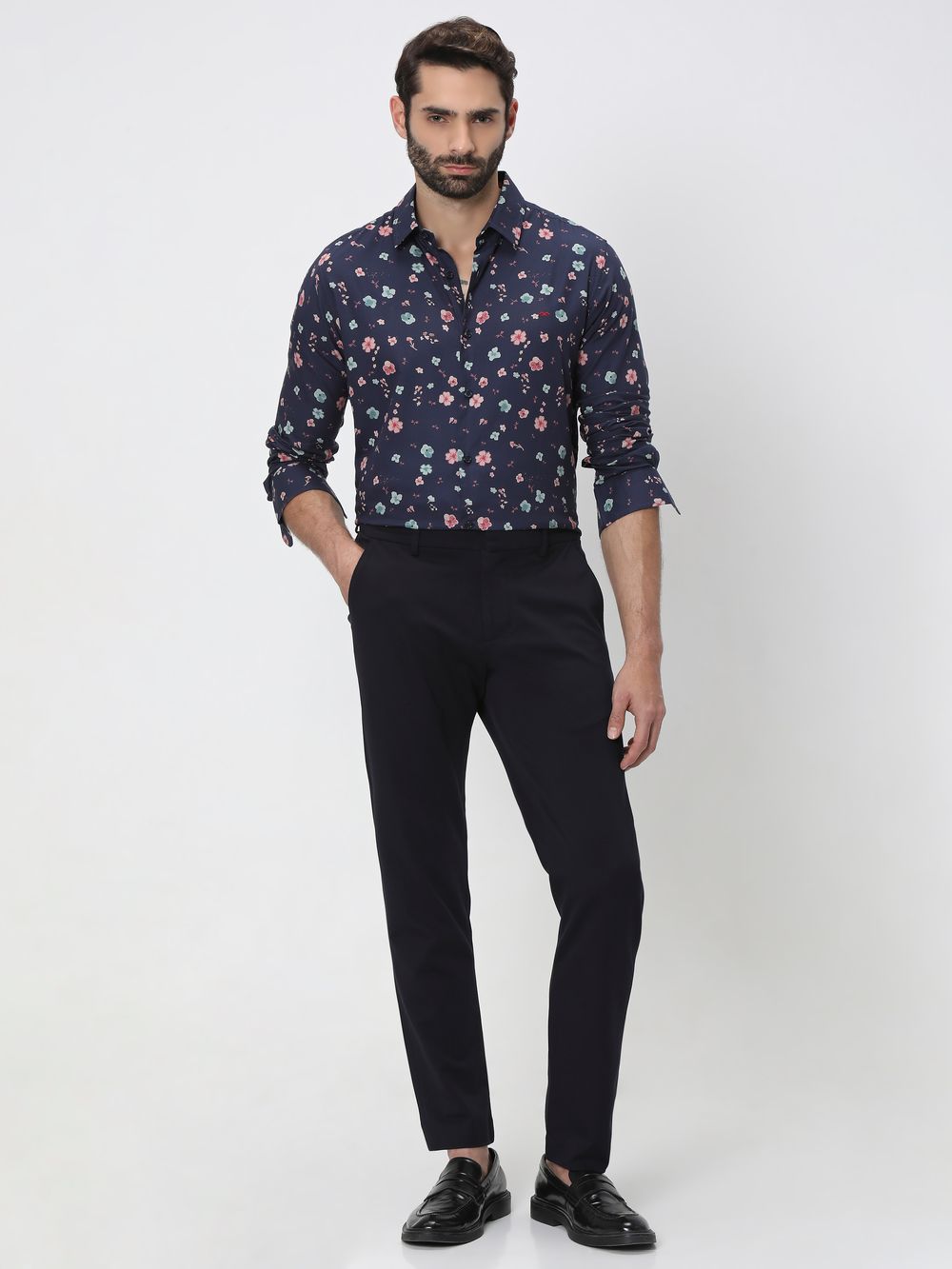 Navy & Multi Floral Print Slim Fit Casual Shirt