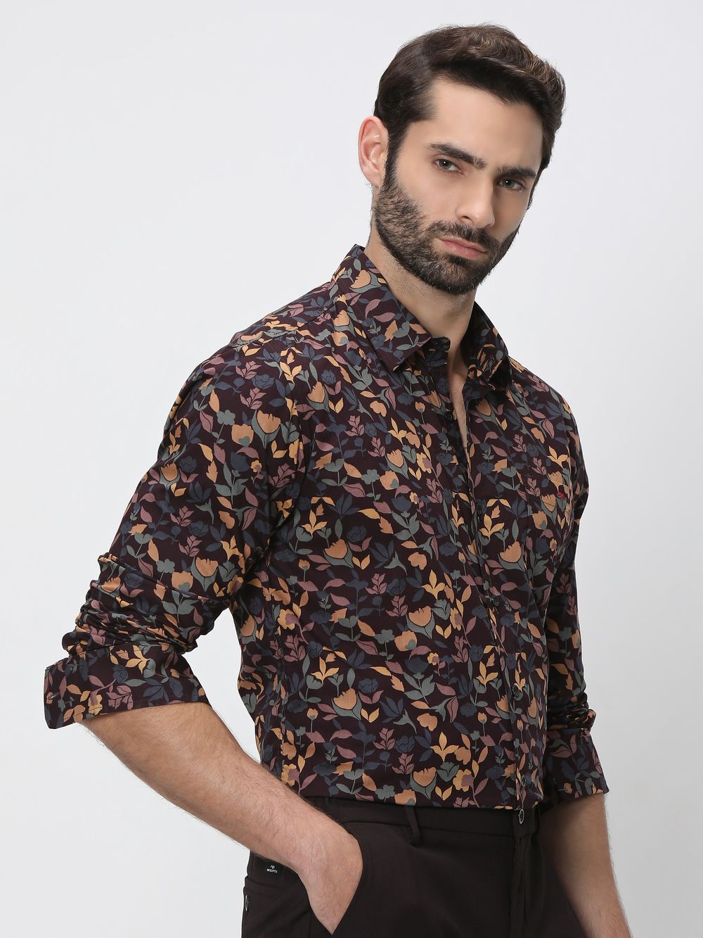 Maroon & Yellow Floral Print Slim Fit Casual Shirt