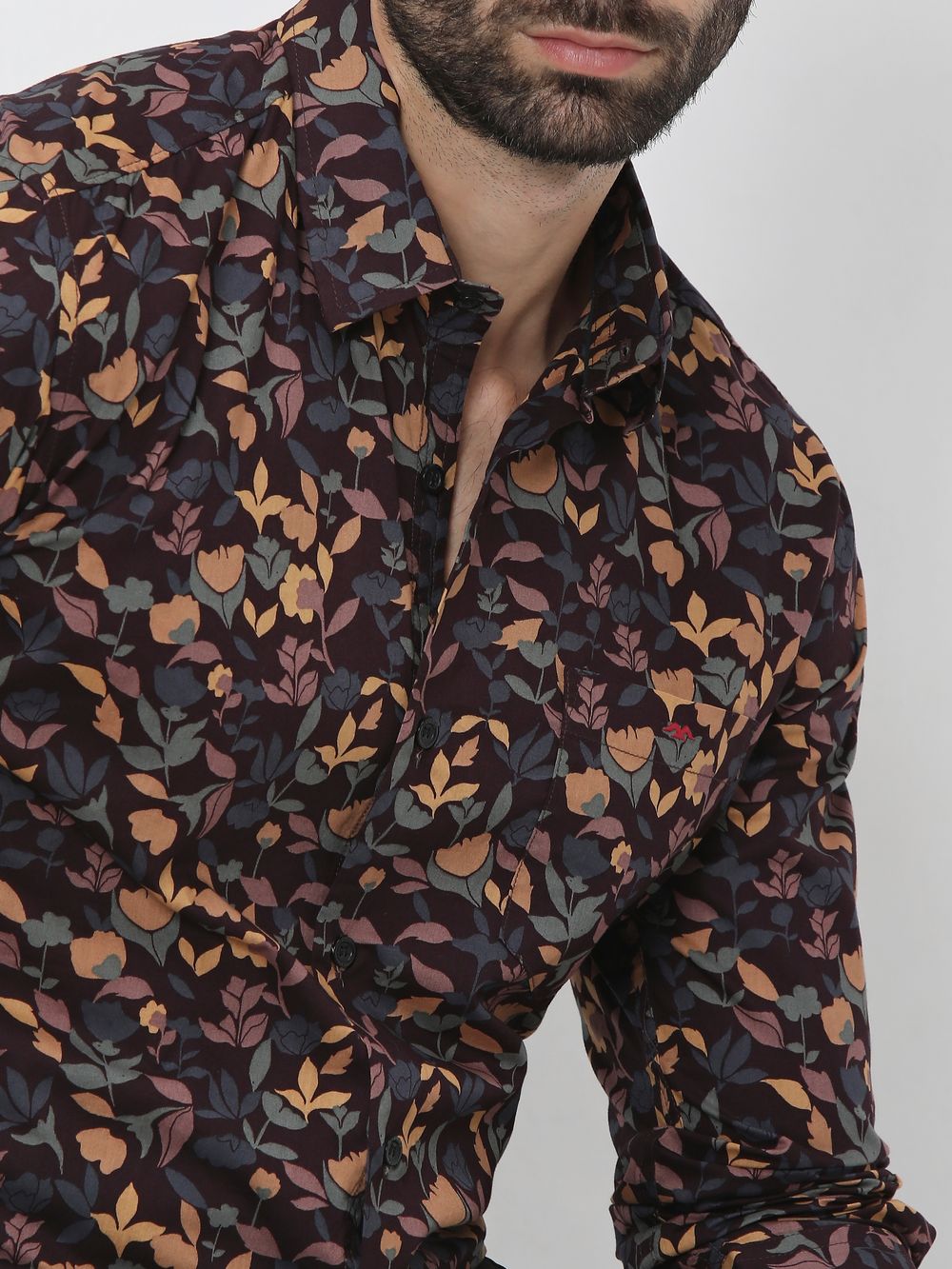 Maroon & Yellow Floral Print Slim Fit Casual Shirt