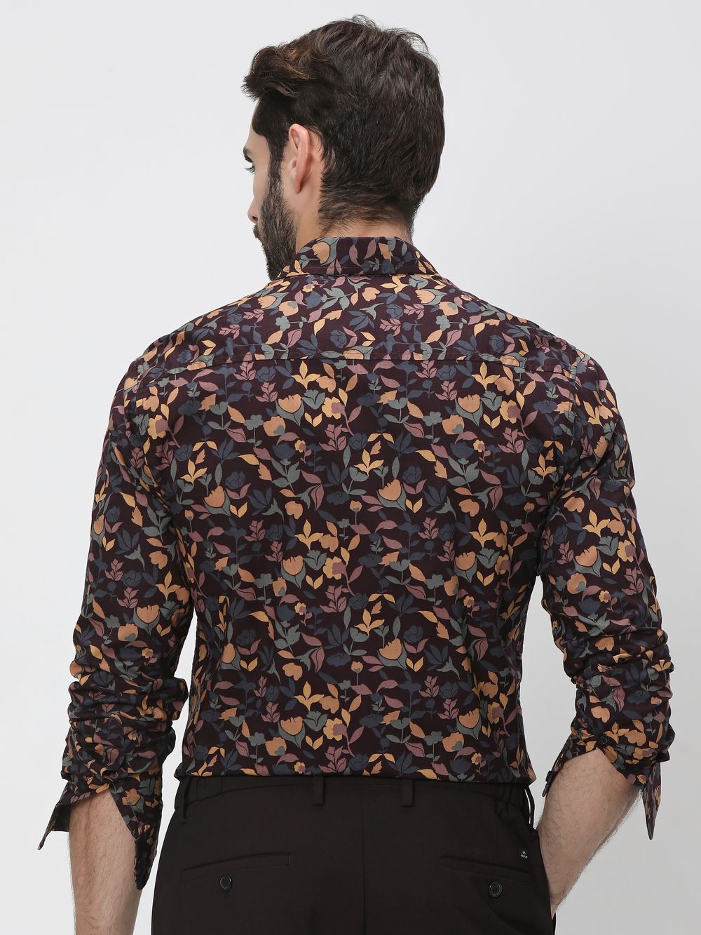 Maroon & Yellow Floral Print Slim Fit Casual Shirt