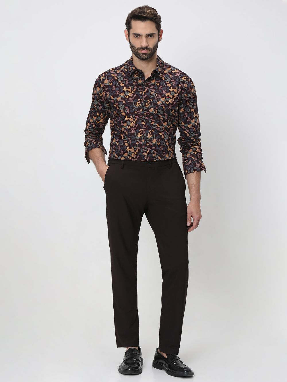 Maroon & Yellow Floral Print Slim Fit Casual Shirt