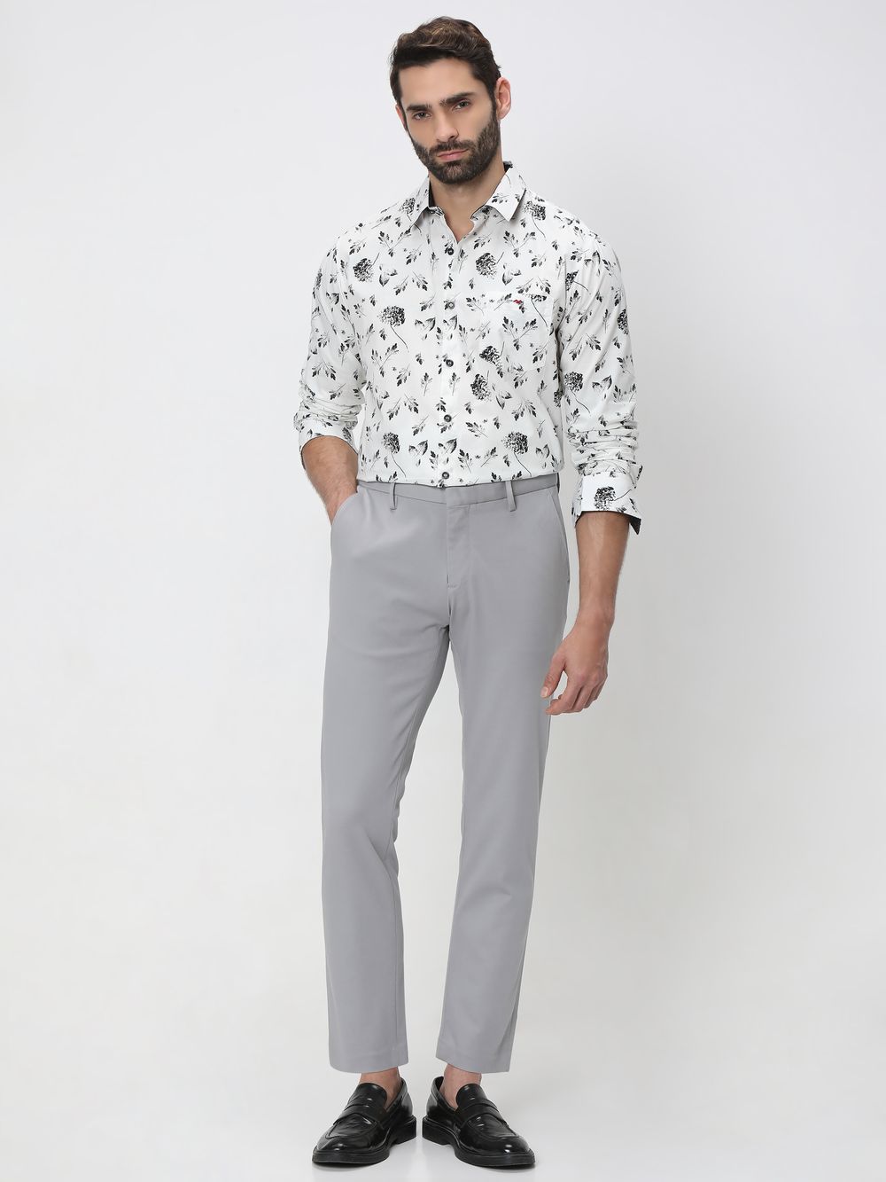 White & Black Floral Print Slim Fit Casual Shirt